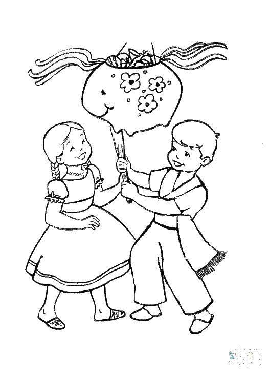 Coloring The children and the piñata. Category children. Tags:  boy, girl, candy.