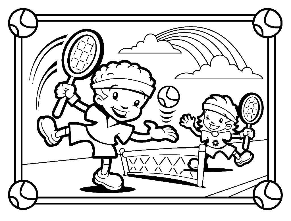 Название: Раскраска Дети играют в теннис. Категория: Дети играют. Теги: теннис, дети, ракетки, мяч.