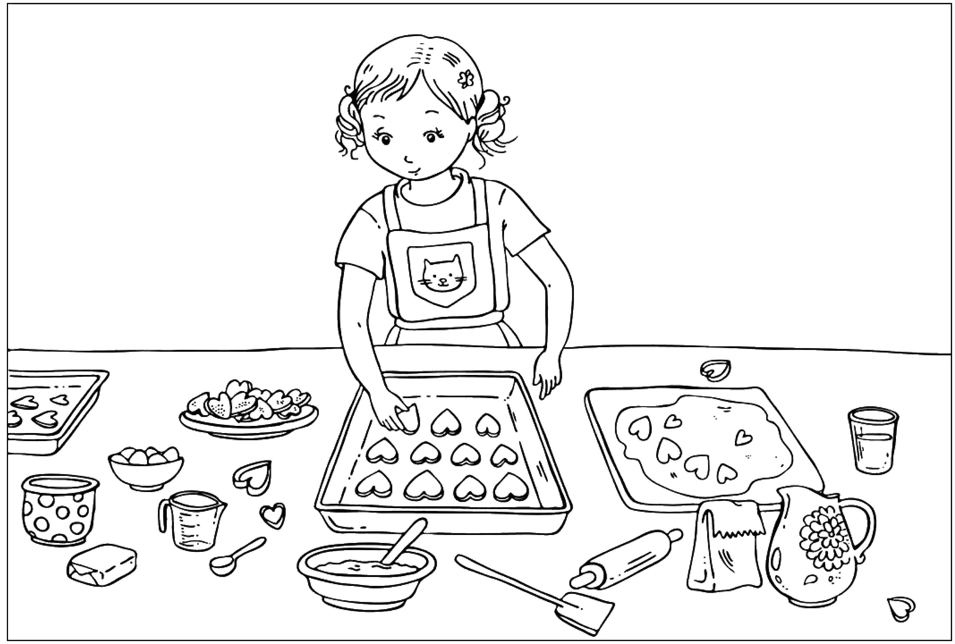 Coloring Girl preparing cookies in the shape of hearts. Category Valentines day. Tags:  Valentines day, love, cookies.