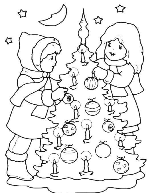Название: Раскраска Девочки наряжают новогоднию елку. Категория: открытки с новым годом. Теги: новый год, елка.