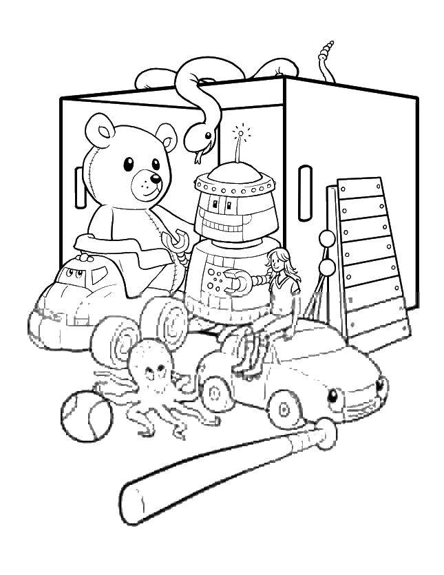Название: Раскраска Коробка с игрушками. Категория: игрушки. Теги: игрушки, бита, машина, мишка, робот.