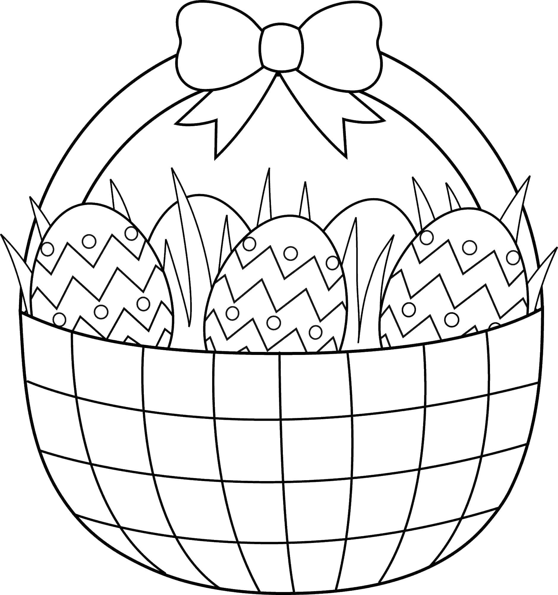 Название: Раскраска Корзина яиц с бантом. Категория: Узоры для раскрашивания яиц. Теги: корзина, яйца, бантик.