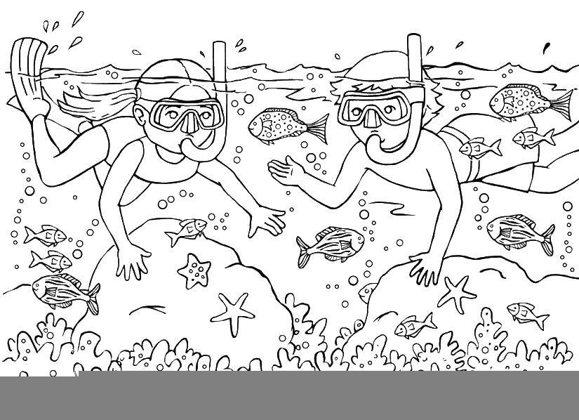 Название: Раскраска Мальчик и девочка под водой. Категория: Летние развлечения. Теги: мальчик, девочка, рыбы, маски.