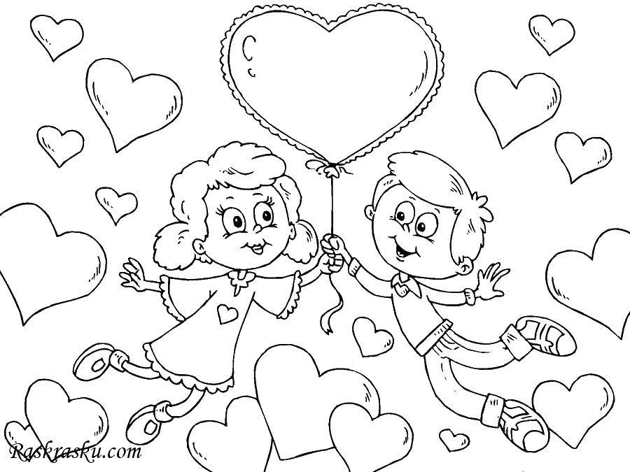 Название: Раскраска Мальчик и девочка с шариком. Категория: день святого валентина. Теги: воздушное сердце, мальчик, девочка.