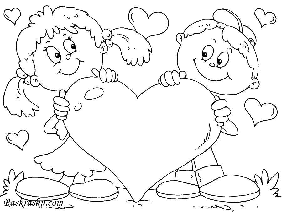Название: Раскраска Мальчик и девочка за сердцом. Категория: день святого валентина. Теги: сердце, мальчик,  девочка, раскраска.