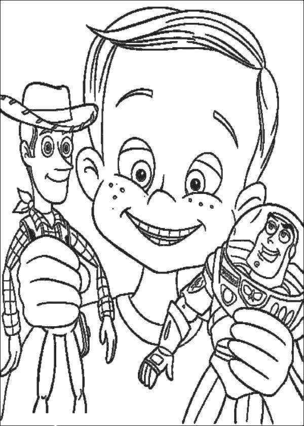 Coloring A boy plays with woody and buzz. Category toy story. Tags:  Woody, toys.
