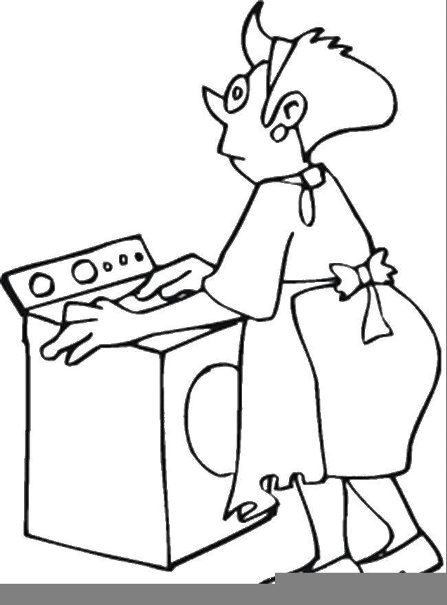 Название: Раскраска Мама и стиральная машинка. Категория: Кухня. Теги: мама, фартук, стиральная машинка.