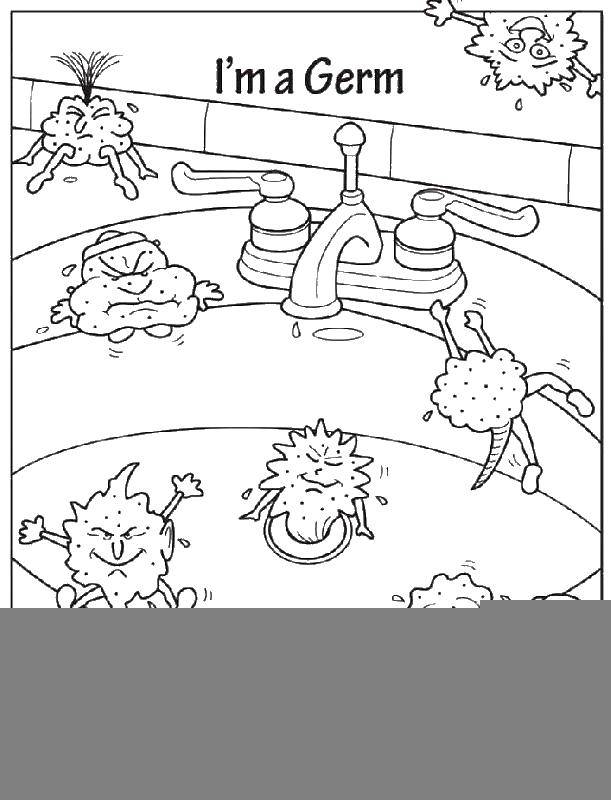 Название: Раскраска Микробы на раковине. Категория: Умываемся. Теги: микробы, кран, вода.