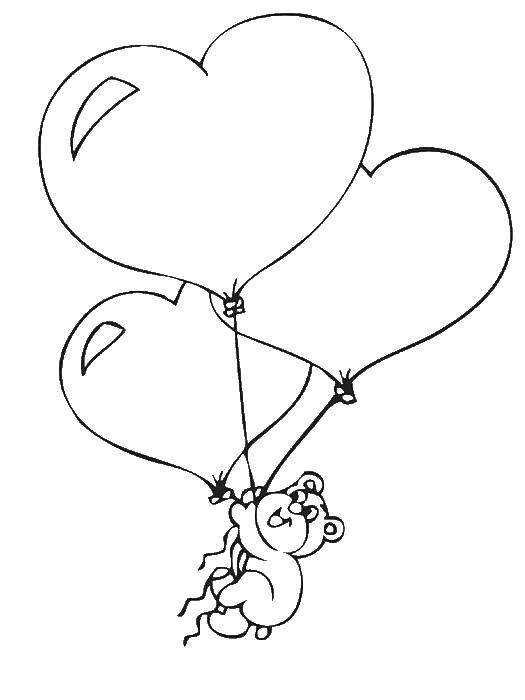 Coloring Bear flying with balloons-hearts up. Category Valentines day. Tags:  Valentines day, love, heart, Teddy bear.