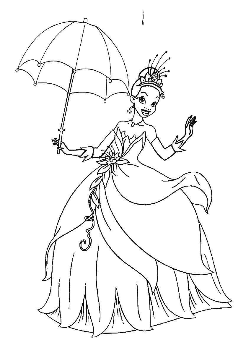 Название: Раскраска Принцесса тиана с зонтом. Категория: принцесса. Теги: принцессы, тиана.