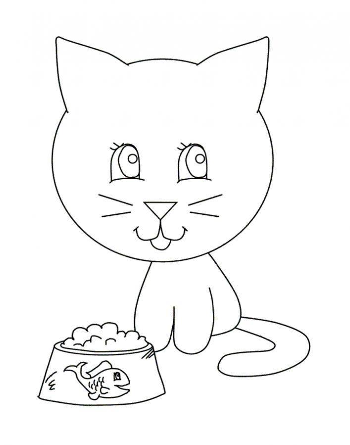 Название: Раскраска Рисунок кушающего котика. Категория: домашние животные. Теги: кошка, кот.