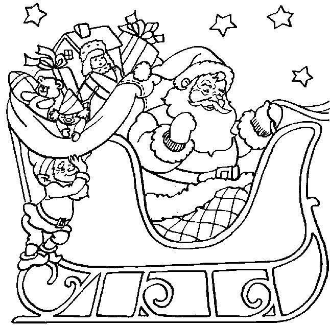 Coloring Sleigh and Santa Claus. Category greeting cards happy new year. Tags:  Santa Claus, sleigh, toys, elf.