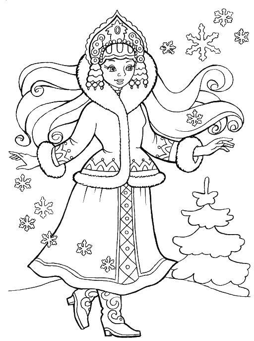 Coloring Snegorochka and snowflakes. Category greeting cards happy new year. Tags:  snow maiden, snowflake tree.