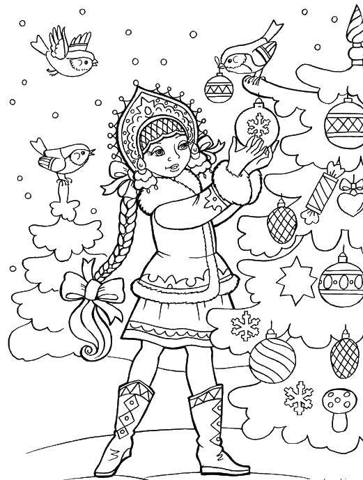 Название: Раскраска Снегурочка и елка. Категория: открытки с новым годом. Теги: снегурочка, елка, игрушки, птички.