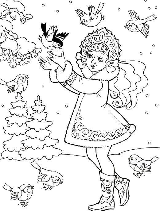 Coloring Snow white and birds. Category greeting cards happy new year. Tags:  snow maiden, tree, toys, birds.