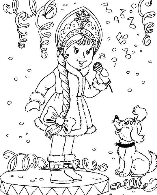 Название: Раскраска Снегурочка поет на сцене. Категория: открытки с новым годом. Теги: снегурочка.