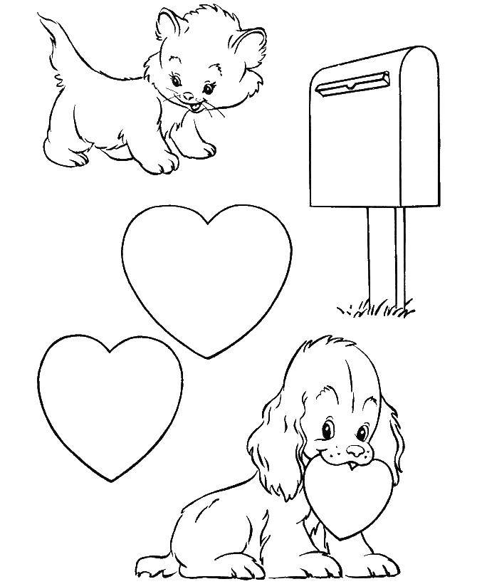 Coloring Love kitty and doggy. Category Valentines day. Tags:  Valentines day, love, heart.