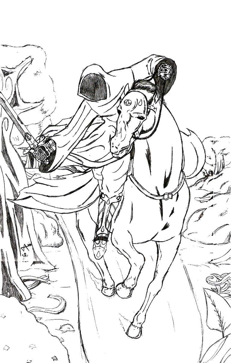 Название: Раскраска Всадник на лошади. Категория: властелин колец. Теги: всадник, лошадь, меч.