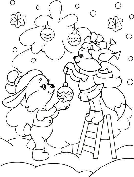 Coloring Bunny and squirrel dresses up Christmas tree. Category greeting cards happy new year. Tags:  Bunny, squirrel, tree, toys, snow.