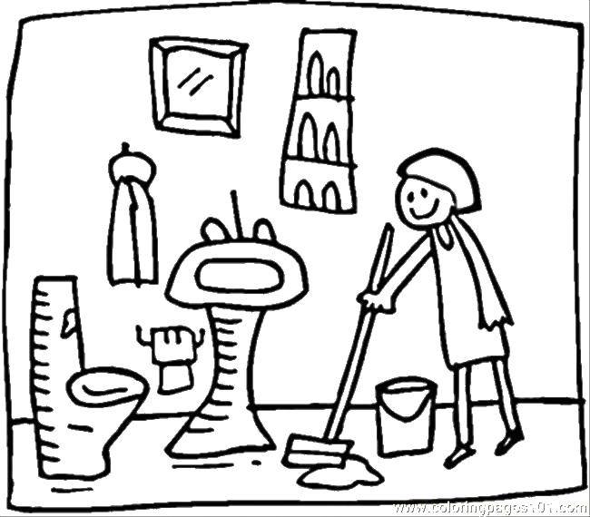 Coloring A woman cleans the bathroom. Category Bathroom. Tags:  MOP, toilet bowl, sink, bucket.