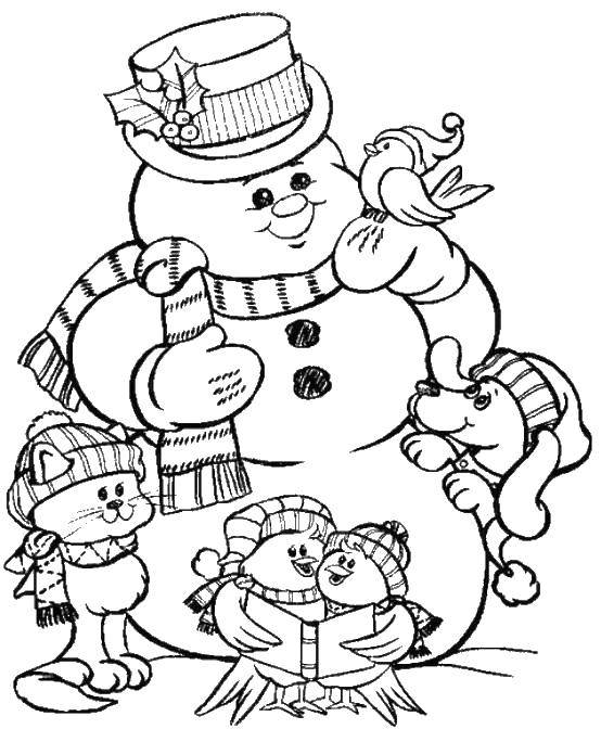 Название: Раскраска Животные собрались у снеговика. Категория: открытки с новым годом. Теги: снеговик, животные.
