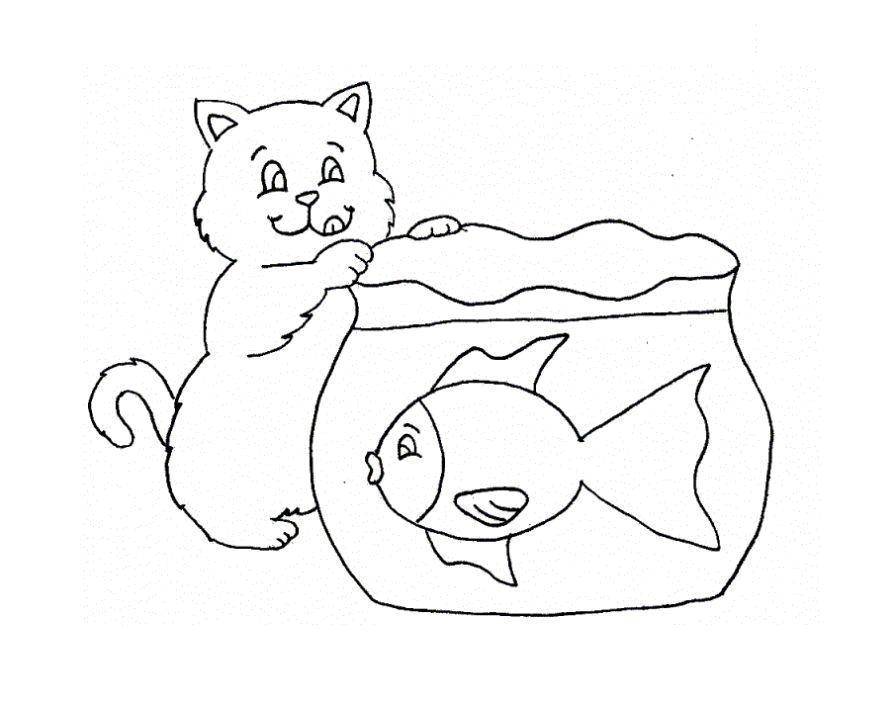 Розмальовки  Кішка грає з рибками. Завантажити розмальовку кіт, кіт.  Роздрукувати ,домашні тварини,