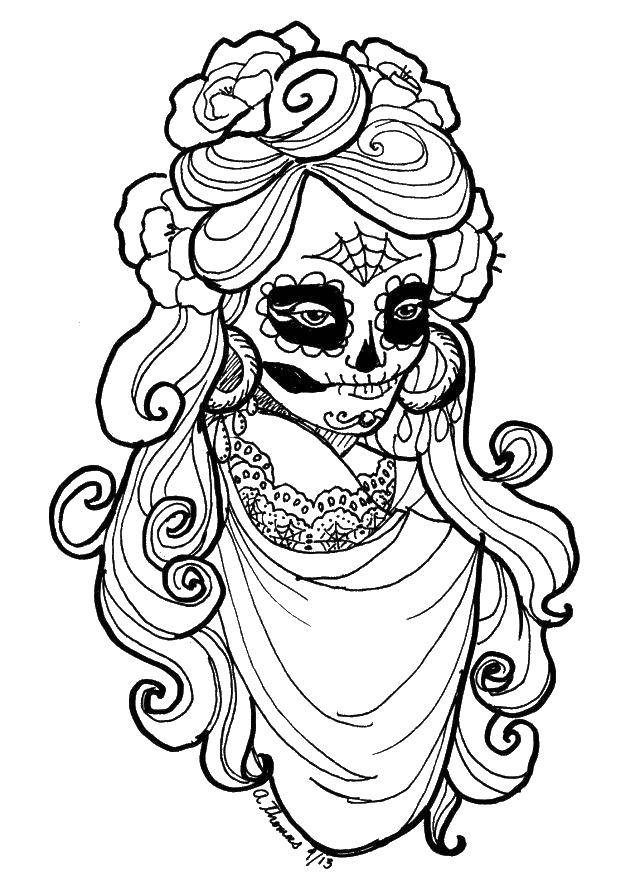 Coloring Skull and wig. Category Skull. Tags:  skull, hair, rose.