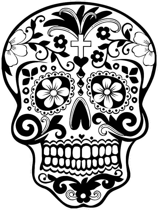 Coloring Skull with cross. Category Skull. Tags:  skull, flowers, patterns.