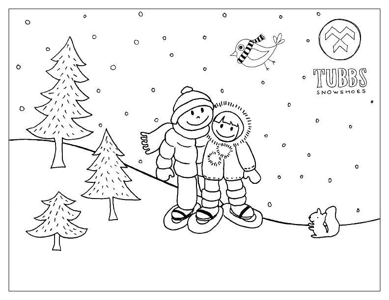 Название: Раскраска Дети на снегоходах. Категория: зимние развлечения. Теги: мальчик, девочка, снегоход, снег, елки.