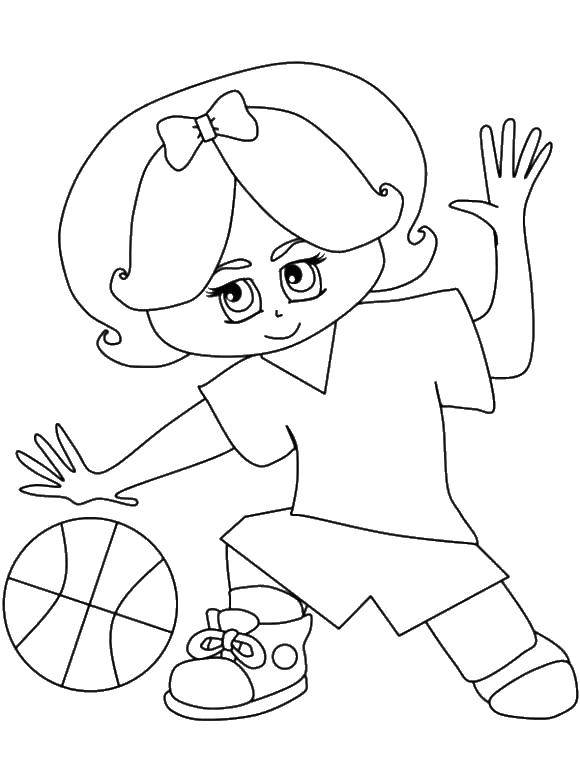 Название: Раскраска Девочка и баскетбол. Категория: баскетбол. Теги: девочка, мяч, бант.