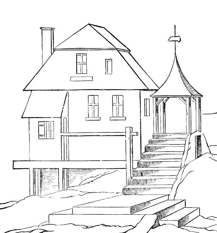 Coloring The house on the shore. Category coloring. Tags:  house, stairs, porch.