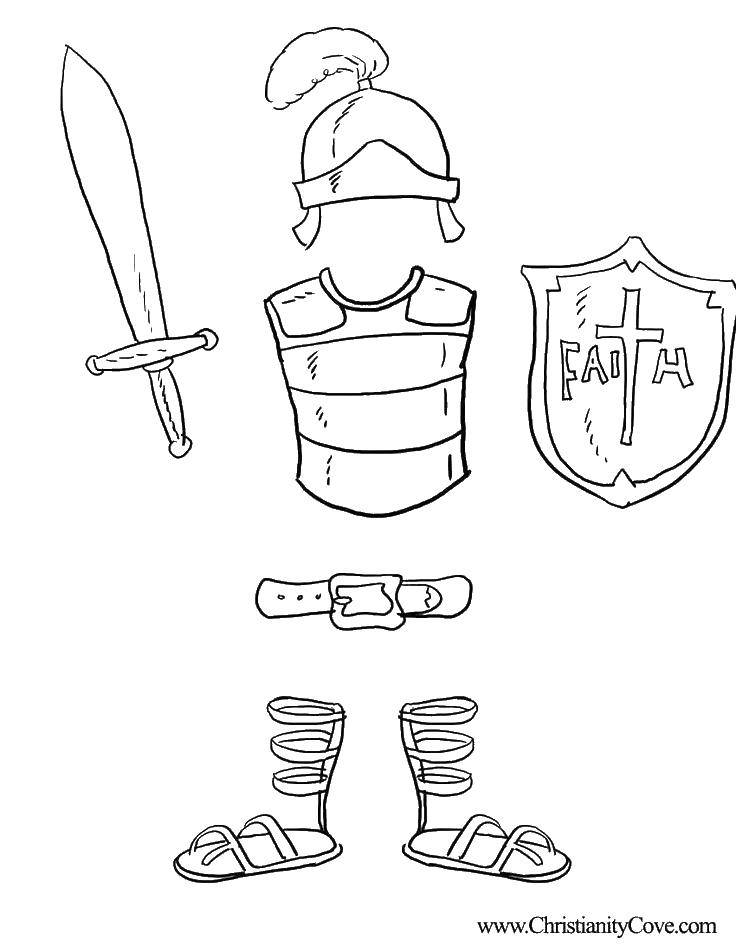 Название: Раскраска Доспехи рыцаря. Категория: раскраски. Теги: щит, меч, пояс, шлем.