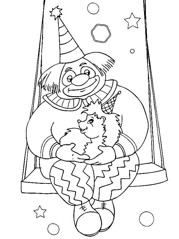 Coloring A clown and a hedgehog. Category circus. Tags:  clown, swings, hedgehog.
