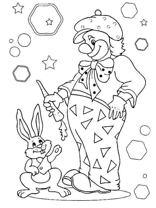Название: Раскраска Клоун и кролик. Категория: цирк. Теги: клоун, кролик, морковка.