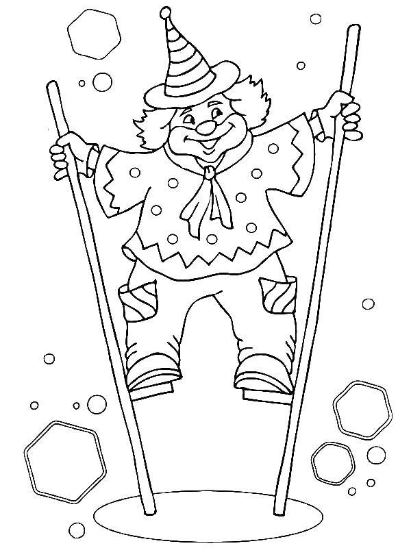 Название: Раскраска Клоун на ходулях. Категория: цирк. Теги: клоун, ходули, пузыри.