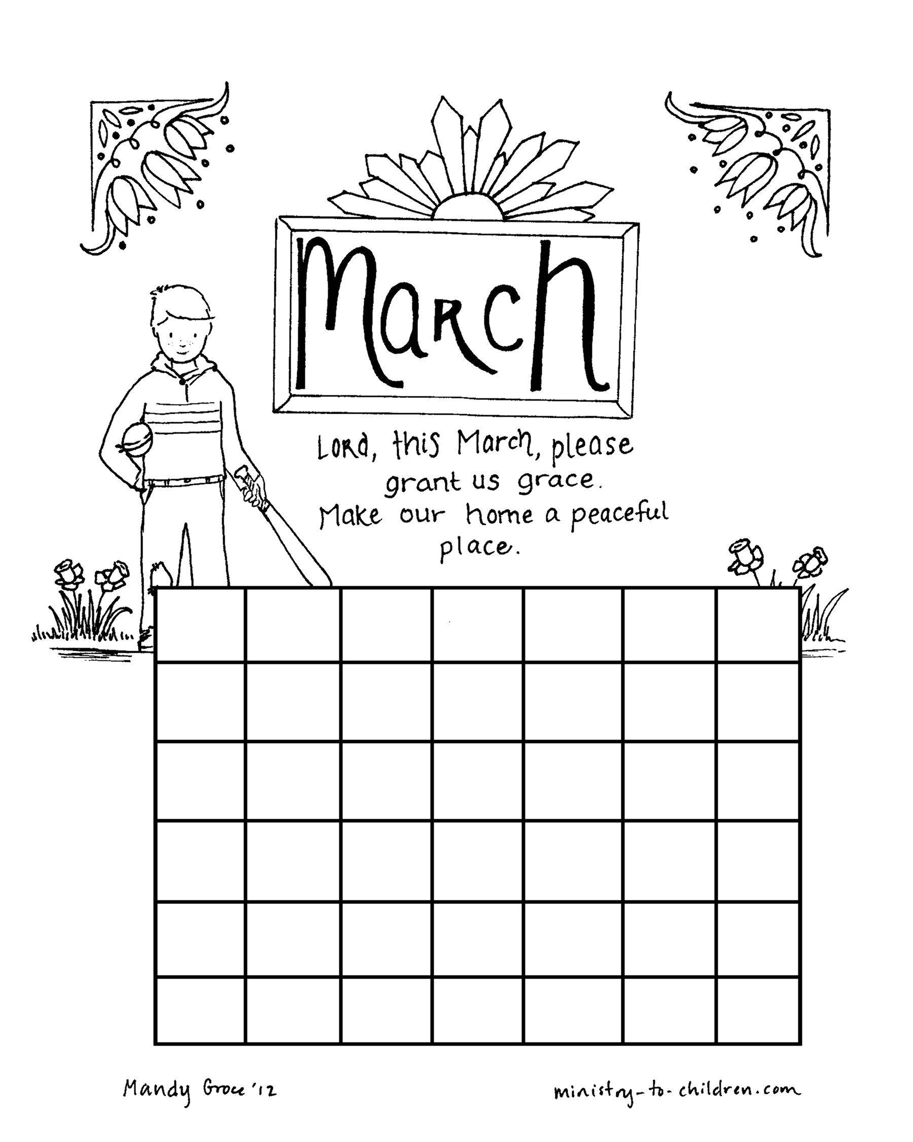 Coloring March and boy. Category Calendar. Tags:  March, boy, bat, ball.