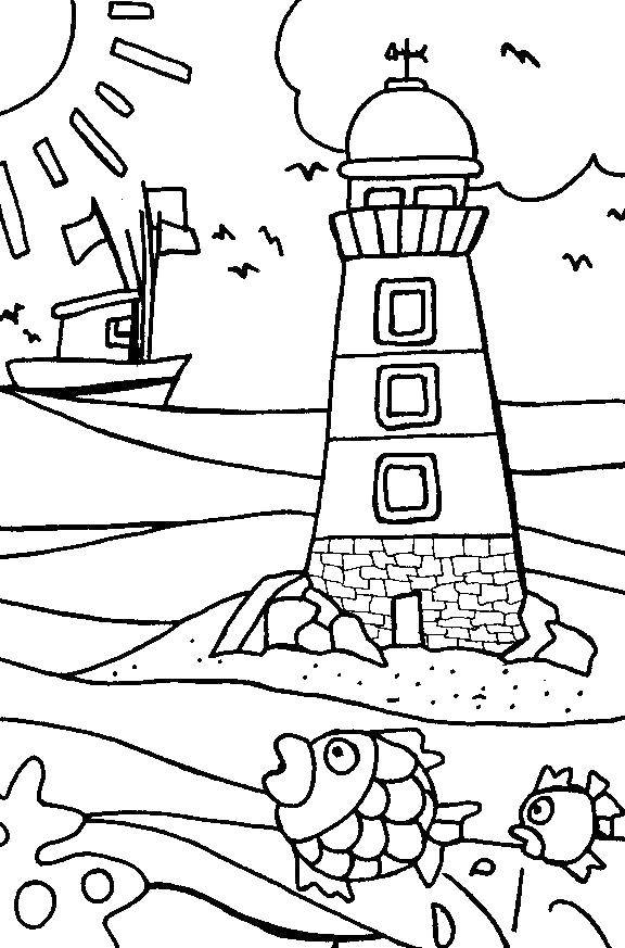 Название: Раскраска Маяк на воде. Категория: корабль. Теги: маяк, корабль, солнце.