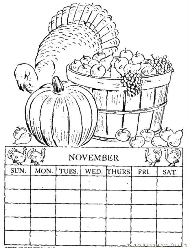 Название: Раскраска Ноябрь и день благодарение. Категория: Календарь. Теги: ноябрь, тыква, индюшка.