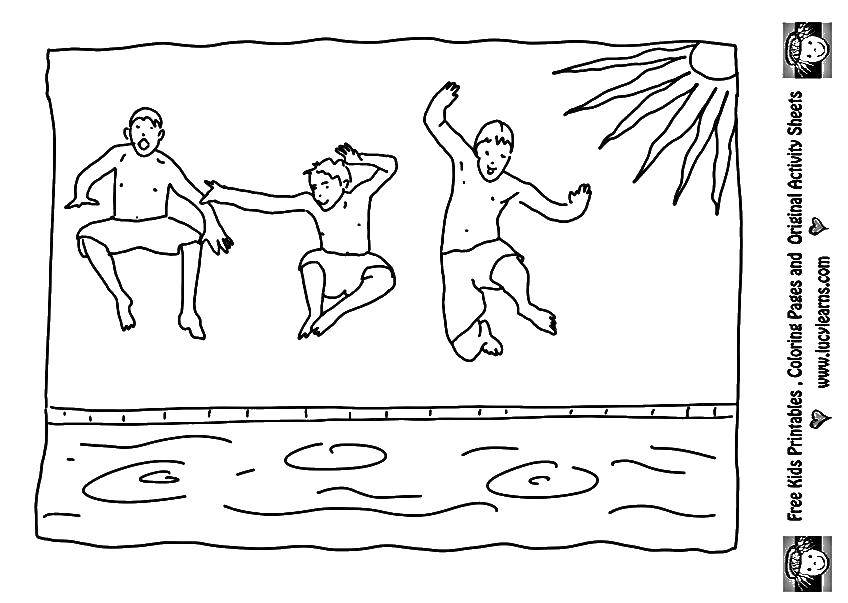 Название: Раскраска Парни и бассейн. Категория: Летние развлечения. Теги: бассейн, солнце, парни.