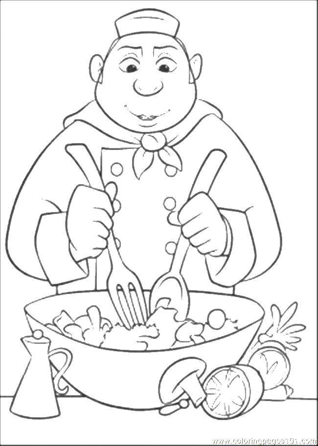 Coloring Cook and salad. Category kitchen. Tags:  chef, fork, spoon, Cup, mushroom.