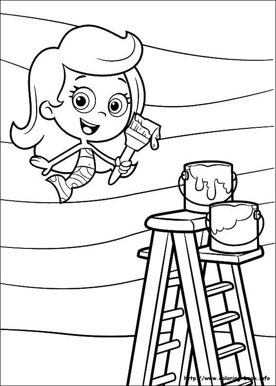 Coloring Mermaid and paint. Category coloring. Tags:  mermaid, ladders, cans, brushes.