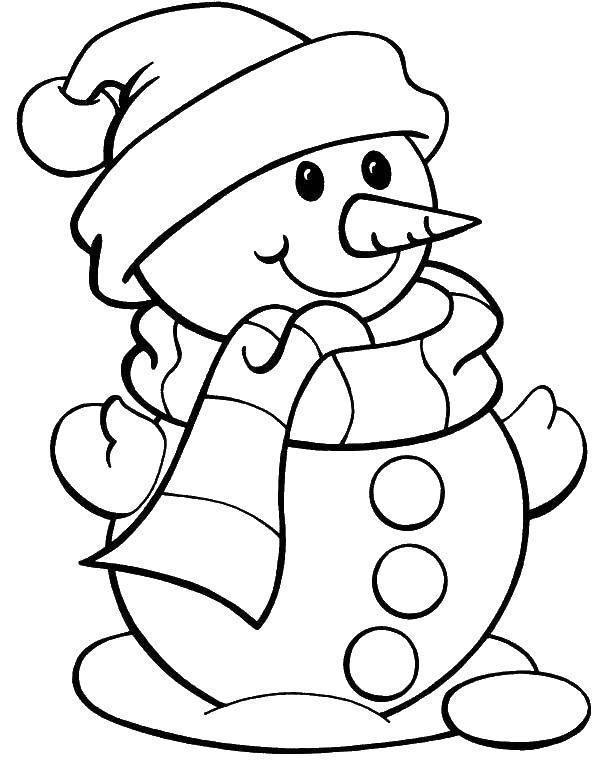 Coloring Snowman with scarf and hat. Category winter. Tags:  snowman, carrot, hat, scarf.