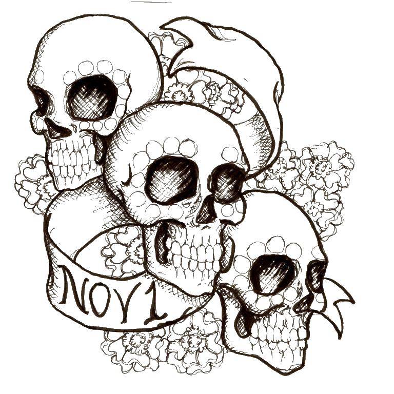 Coloring Three skulls and ribbon. Category Skull. Tags:  skull, ribbon, flowers.