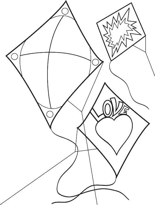 Coloring Three kite. Category a kite. Tags:  snakes, thread, heart.