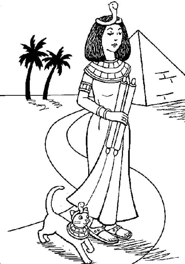 Название: Раскраска Царица с кошкой. Категория: Египет. Теги: Египет.