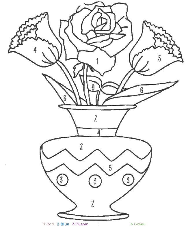 Название: Раскраска Ваза с розами. Категория: по номерам. Теги: ваза, цветы, цифры.