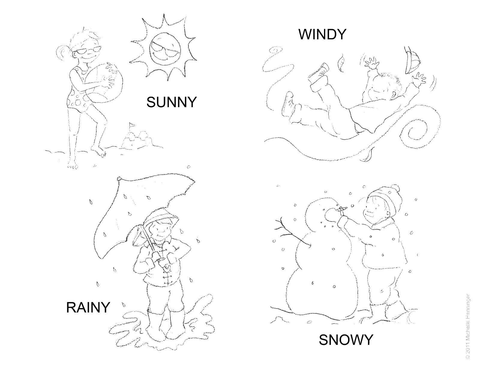 Название: Раскраска Времена года. Категория: Погода. Теги: ветер, дождь, солнце, снег.