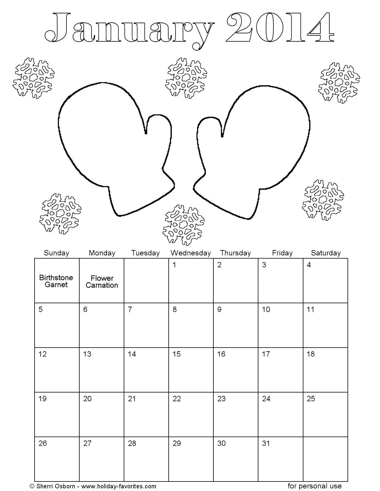 Название: Раскраска Январь 2014. Категория: Календарь. Теги: январь, варежки.