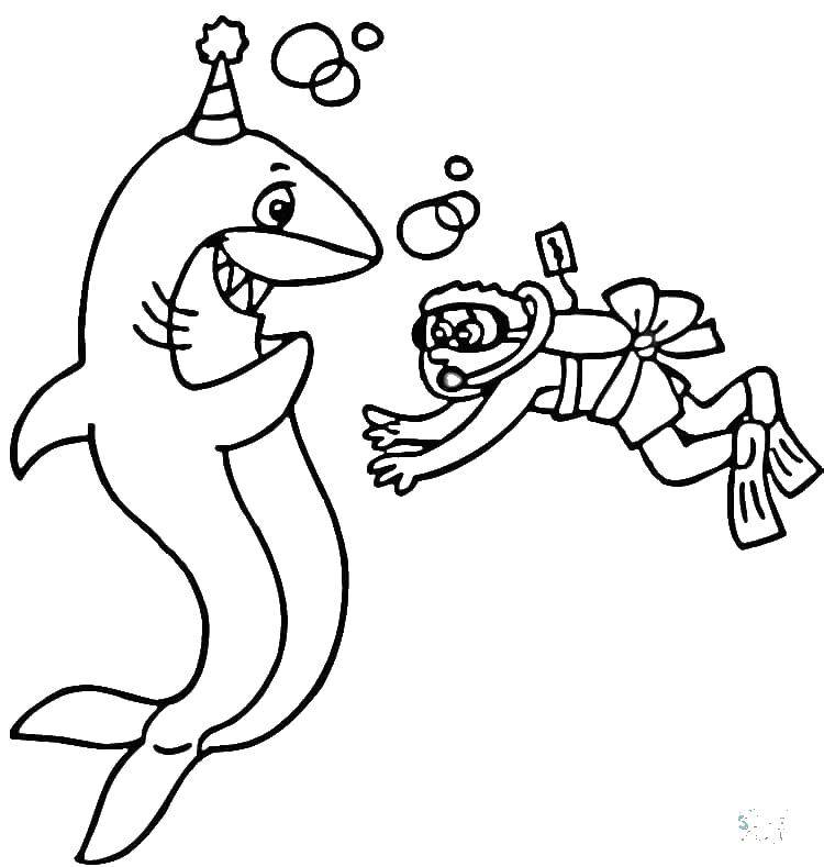 Название: Раскраска Человек и акула. Категория: раскраски. Теги: акула, человек, пузыри, колпак.