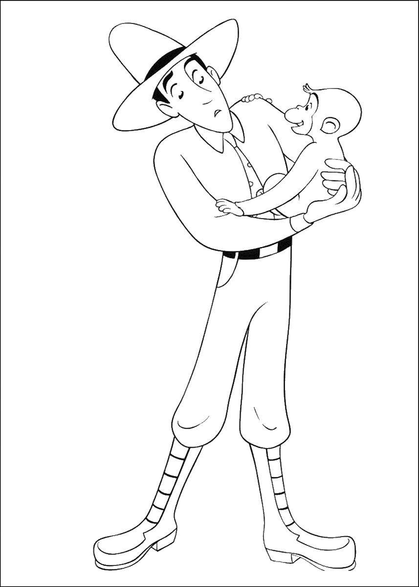 Coloring Man with monkey. Category coloring. Tags:  monkey, man, hat.